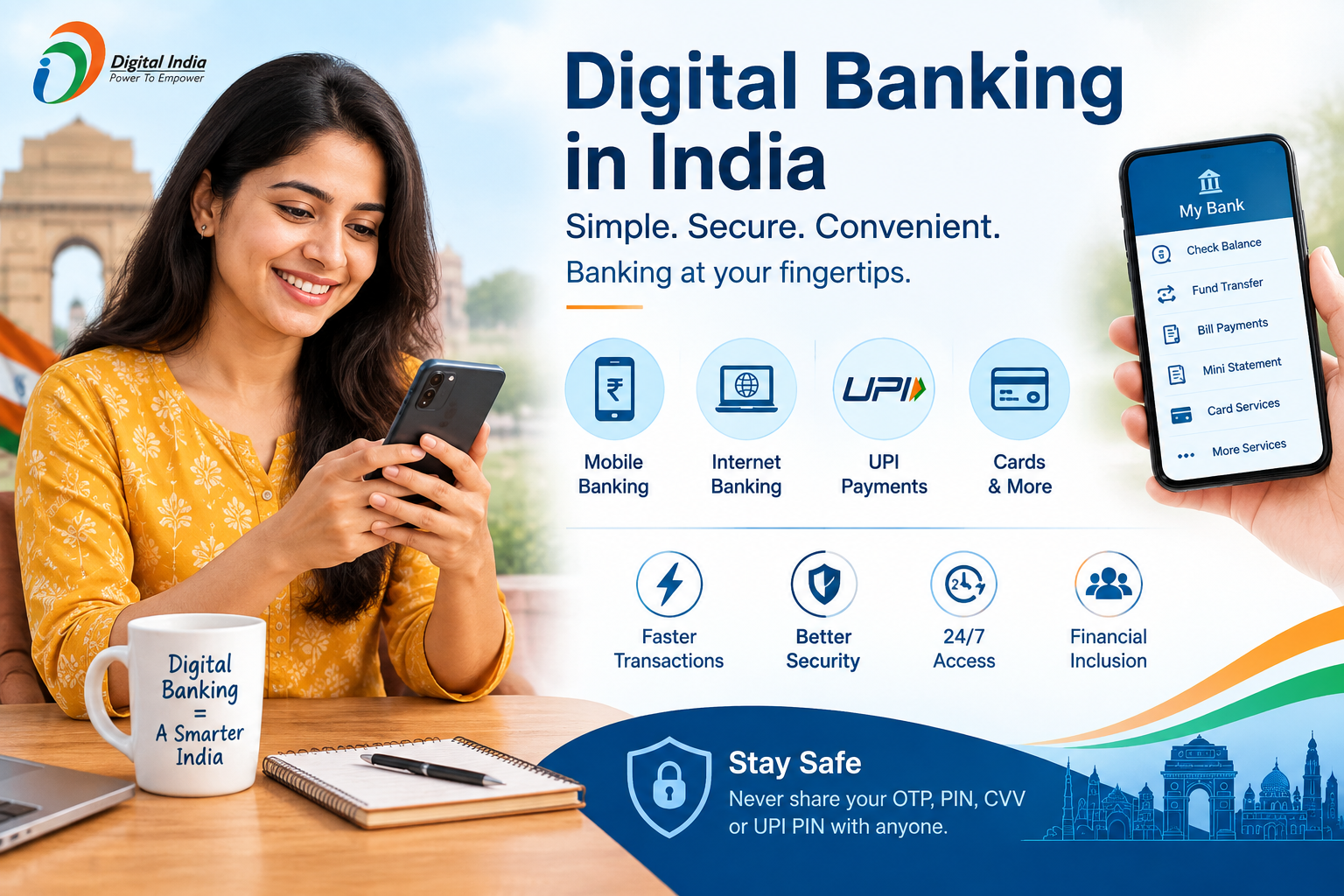Digital banking in India infographic showing mobile banking, internet banking, UPI payments, card services, faster transactions, 24/7 access, financial inclusion, and digital banking security tips.